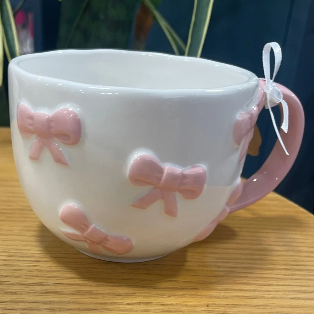 Pink Bow 🎀 Coquette Ceramic Coffee Mug NEW Handpainted viral